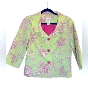 3 Sisters Green & Pink Lined Short Blazer Jacket Size Medium Floral Feminine